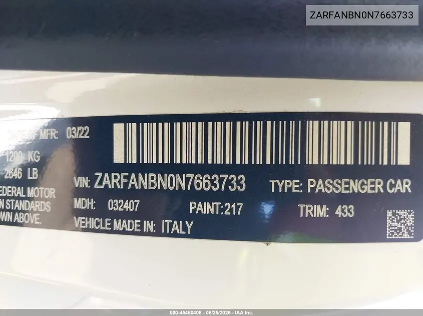 2022 Alfa Romeo Giulia Ti Awd VIN: ZARFANBN0N7663733 Lot: 45460408
