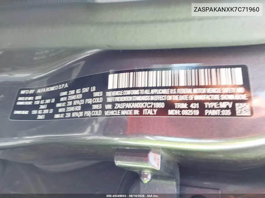 2019 Alfa Romeo Stelvio Sport Awd VIN: ZASPAKANXK7C71960 Lot: 45349002