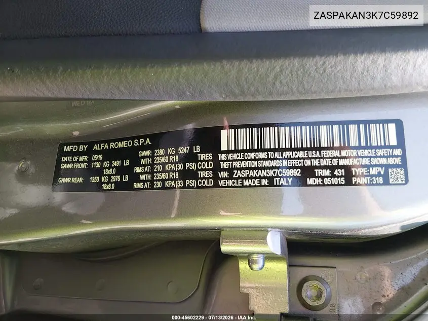 2019 Alfa Romeo Stelvio Awd VIN: ZASPAKAN3K7C59892 Lot: 45602229