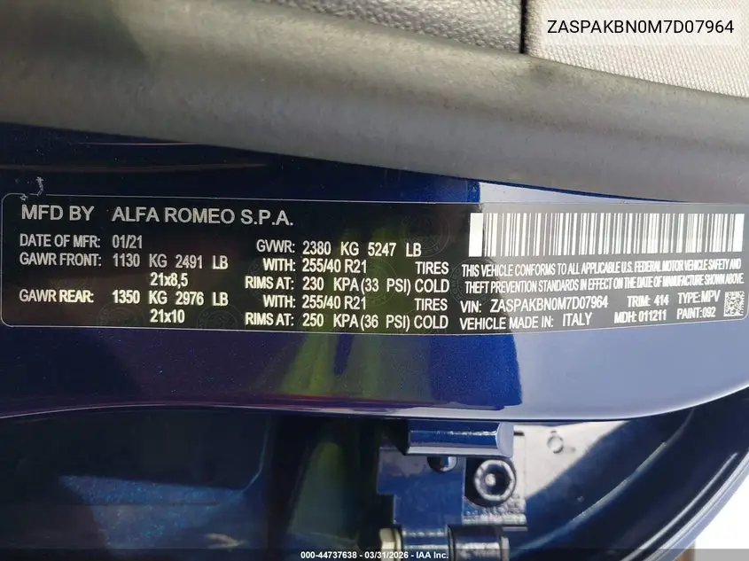 2021 Alfa Romeo Stelvio Ti Awd VIN: ZASPAKBN0M7D07964 Lot: 44737638