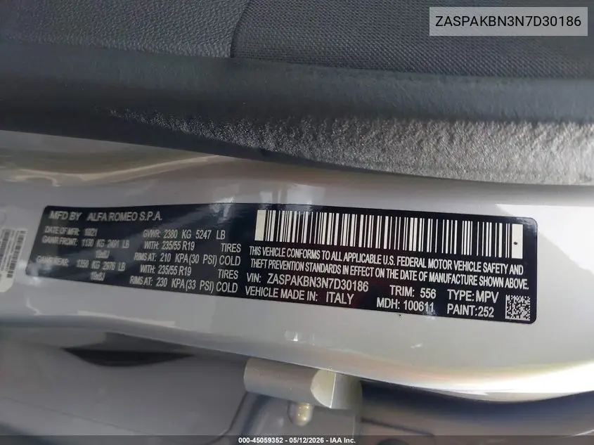 2022 Alfa Romeo Stelvio Ti Awd VIN: ZASPAKBN3N7D30186 Lot: 45059352