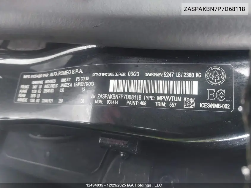 2023 Alfa Romeo Stelvio Ti Veloce Awd VIN: ZASPAKBN7P7D68118 Lot: 12494835