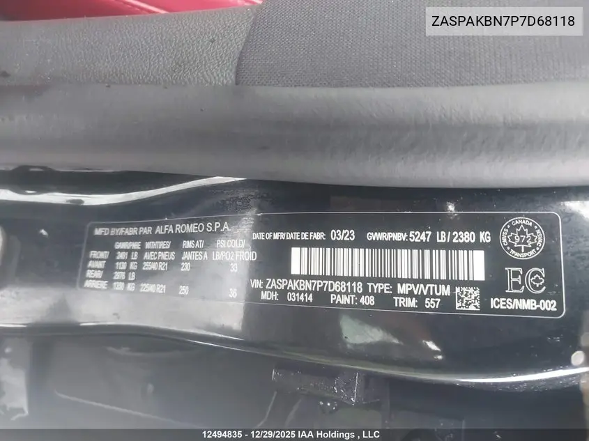 2023 Alfa Romeo Stelvio Ti Veloce Awd VIN: ZASPAKBN7P7D68118 Lot: 12494835