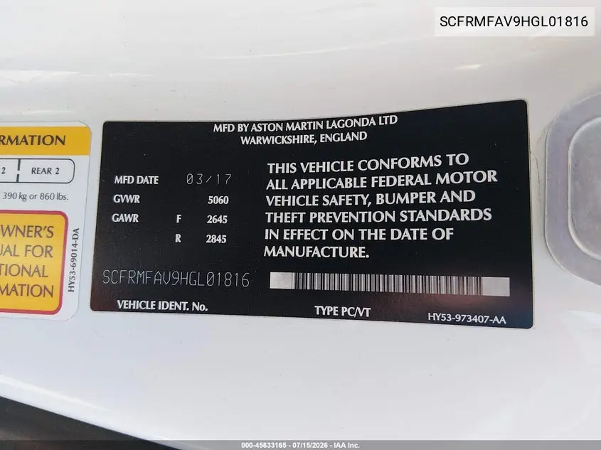 2017 Aston Martin Db11 Launch Edition VIN: SCFRMFAV9HGL01816 Lot: 45633165