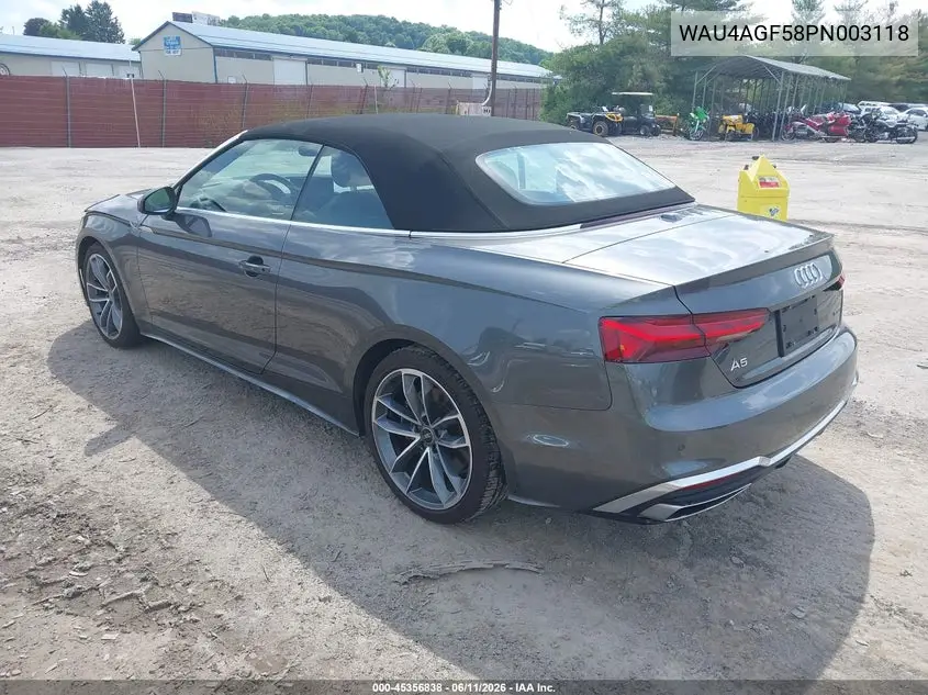 2023 Audi A5 Cabriolet Premium Plus 45 Tfsi S Line Quattro S Tronic VIN: WAU4AGF58PN003118 Lot: 45356838