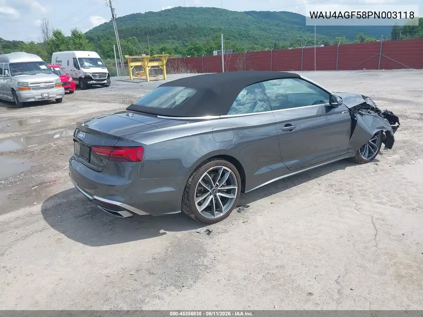 2023 Audi A5 Cabriolet Premium Plus 45 Tfsi S Line Quattro S Tronic VIN: WAU4AGF58PN003118 Lot: 45356838