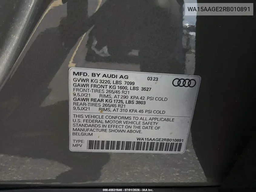 2024 Audi Q8 E-Tron Premium Plus Quattro VIN: WA15AAGE2RB010891 Lot: 45531646
