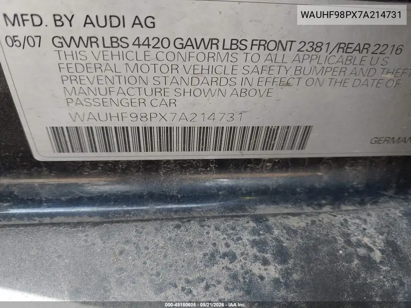 2007 Audi A3 2.0T VIN: WAUHF98PX7A214731 Lot: 45180605