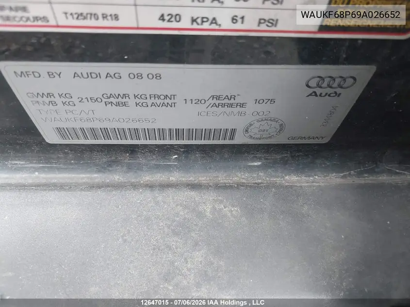 2009 Audi A3 VIN: WAUKF68P69A026652 Lot: 12647015
