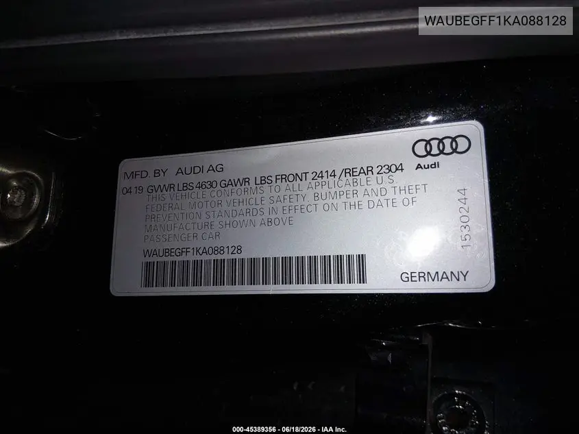 2019 Audi A3 45 Premium VIN: WAUBEGFF1KA088128 Lot: 45389356