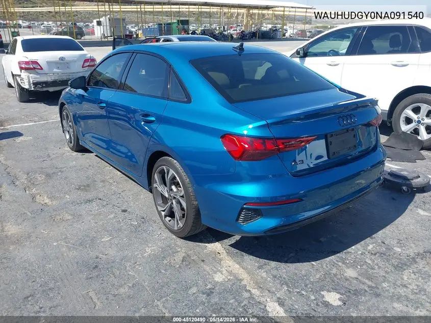 2022 Audi A3 Premium Plus 40 Tfsi Quattro S Tronic VIN: WAUHUDGY0NA091540 Lot: 45120490