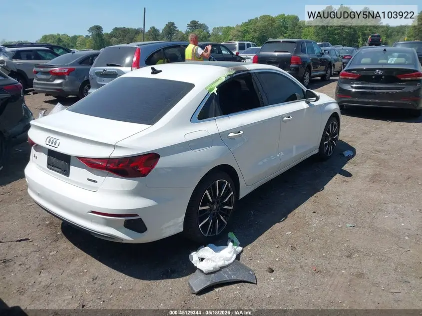 2022 Audi A3 Premium 40 Tfsi Quattro S Tronic VIN: WAUGUDGY5NA103922 Lot: 45129344