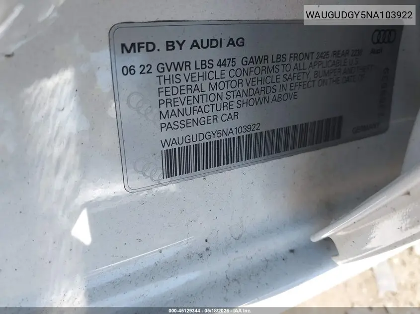 2022 Audi A3 Premium 40 Tfsi Quattro S Tronic VIN: WAUGUDGY5NA103922 Lot: 45129344