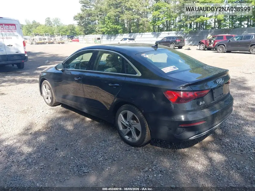 2022 Audi A3 Premium 40 Tfsi Front-Wheel Drive S Tronic VIN: WAUAUDGY2NA038999 Lot: 45240016
