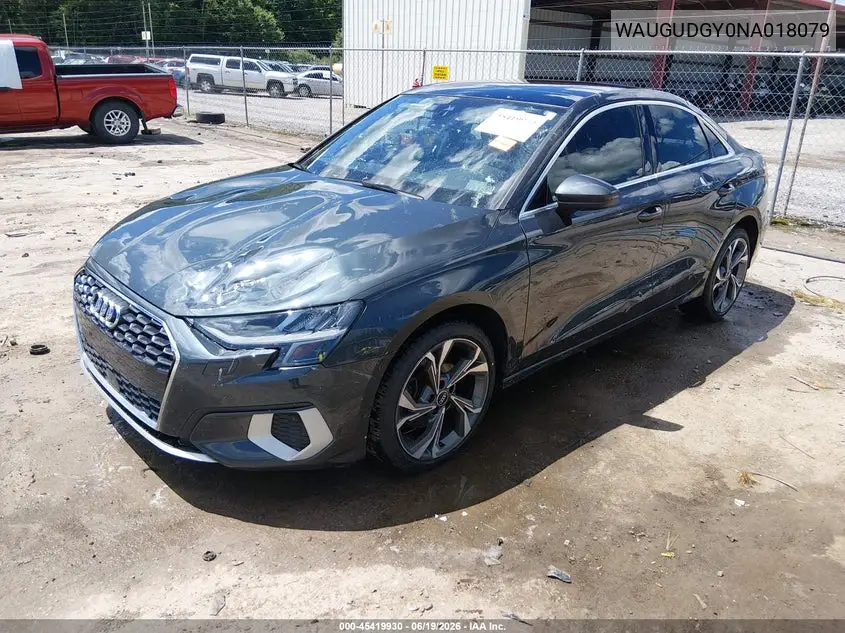 2022 Audi A3 Premium 40 Tfsi Quattro S Tronic VIN: WAUGUDGY0NA018079 Lot: 45419930