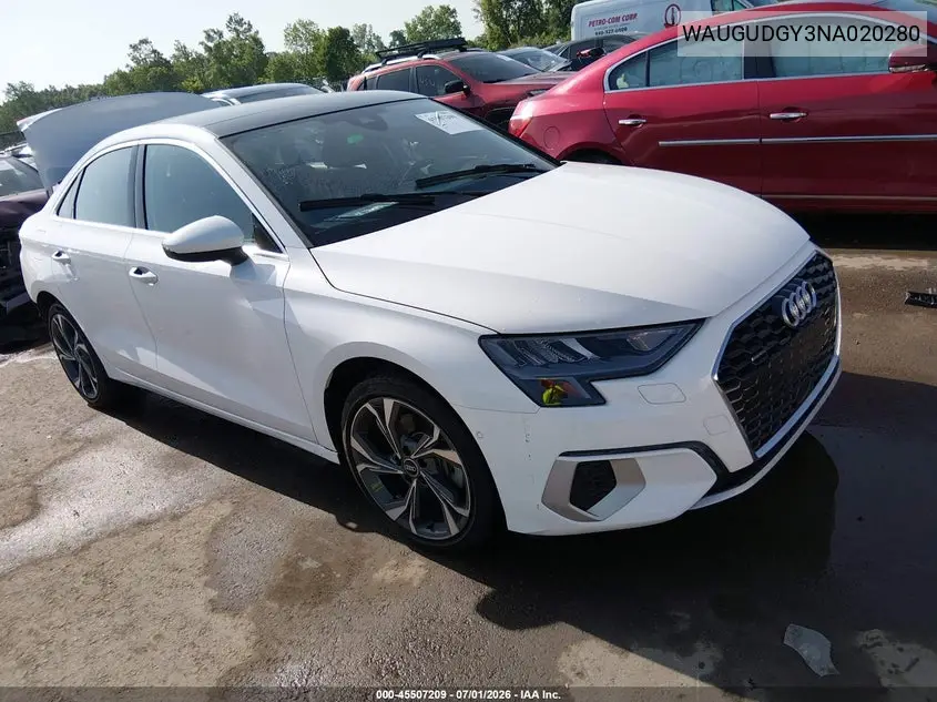 2022 Audi A3 Premium 40 Tfsi Quattro S Tronic VIN: WAUGUDGY3NA020280 Lot: 45507209