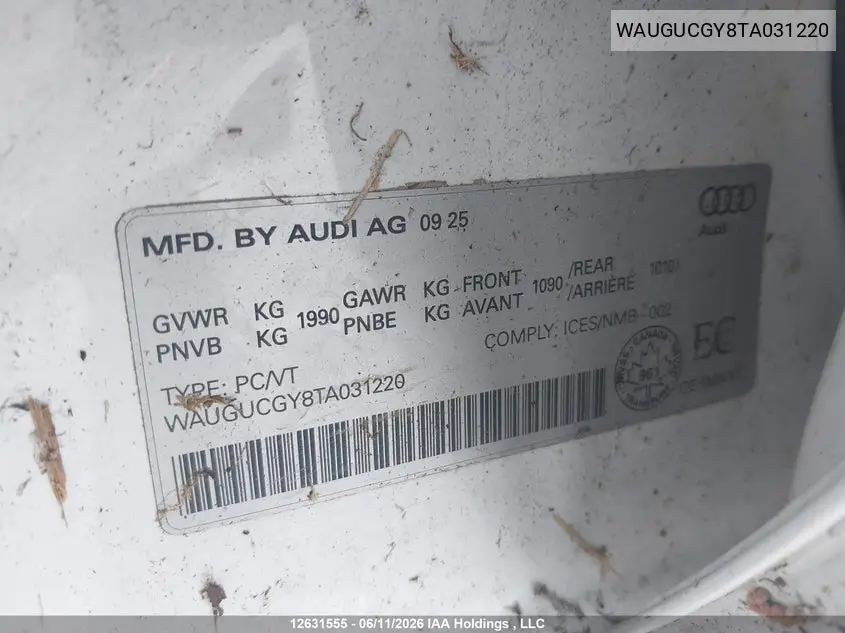 2026 Audi A3 Premium/Premium Plus VIN: WAUGUCGY8TA031220 Lot: 12631555