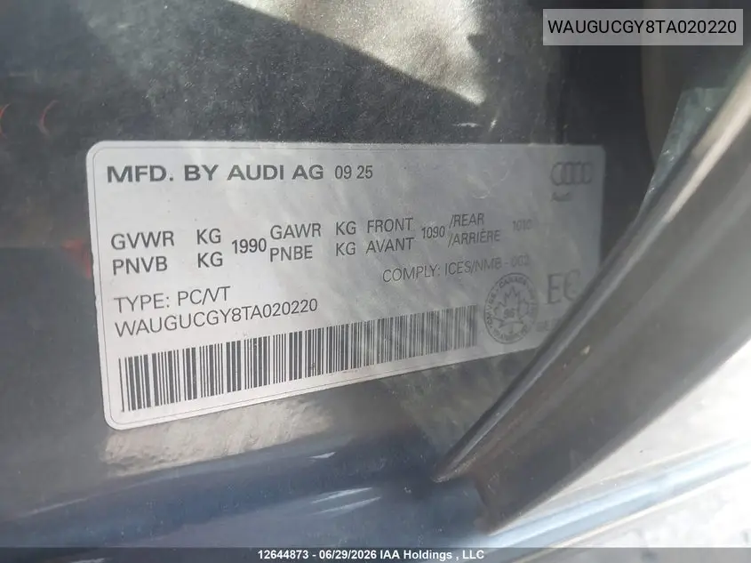 2026 Audi A3 Premium/Premium Plus VIN: WAUGUCGY8TA020220 Lot: 12644873