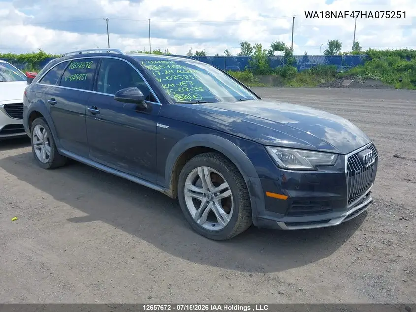 2017 Audi A4 Allroad 2.0T Progressiv VIN: WA18NAF47HA075251 Lot: 12657672