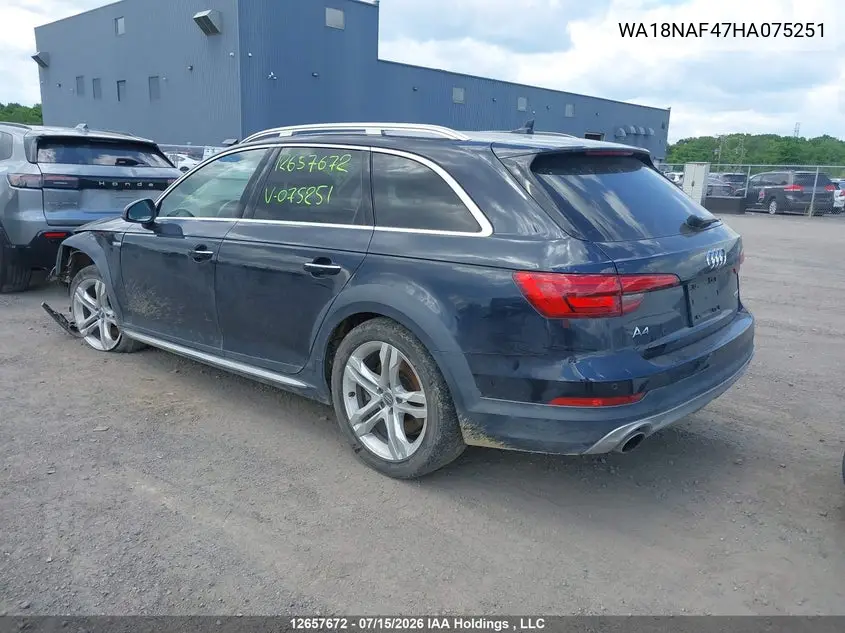 2017 Audi A4 Allroad 2.0T Progressiv VIN: WA18NAF47HA075251 Lot: 12657672