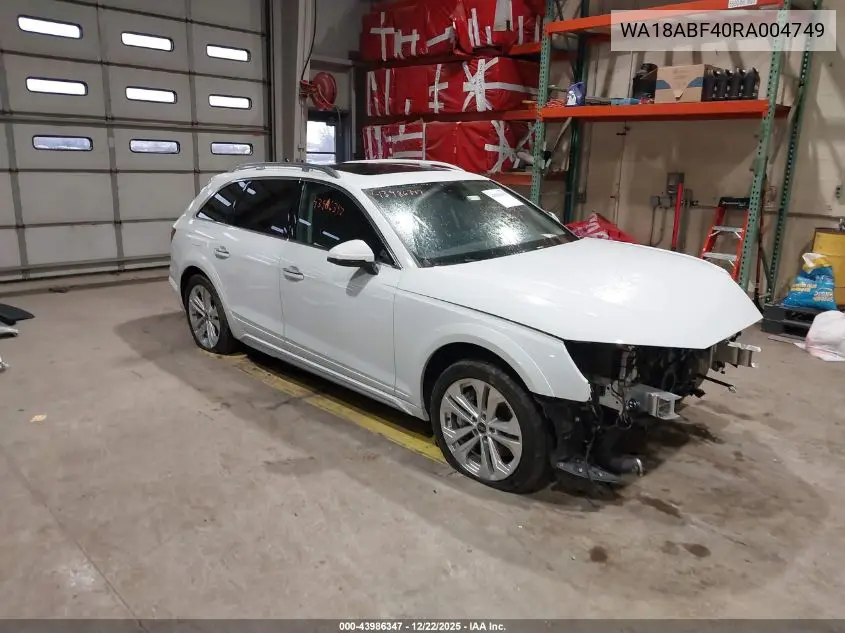 2024 Audi A4 Allroad Premium Plus 45 Tfsi Quattro S Tronic VIN: WA18ABF40RA004749 Lot: 43986347