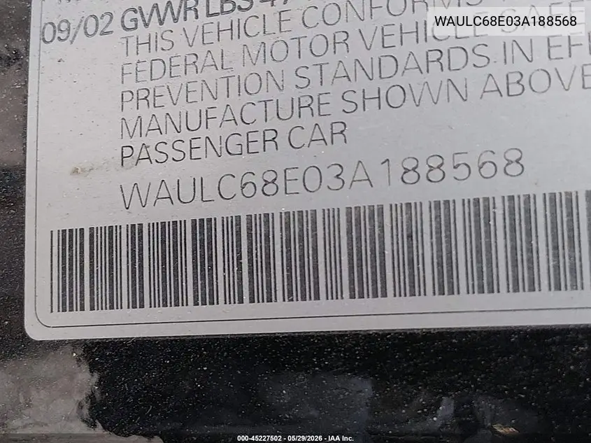 2003 Audi A4 1.8T VIN: WAULC68E03A188568 Lot: 45227502