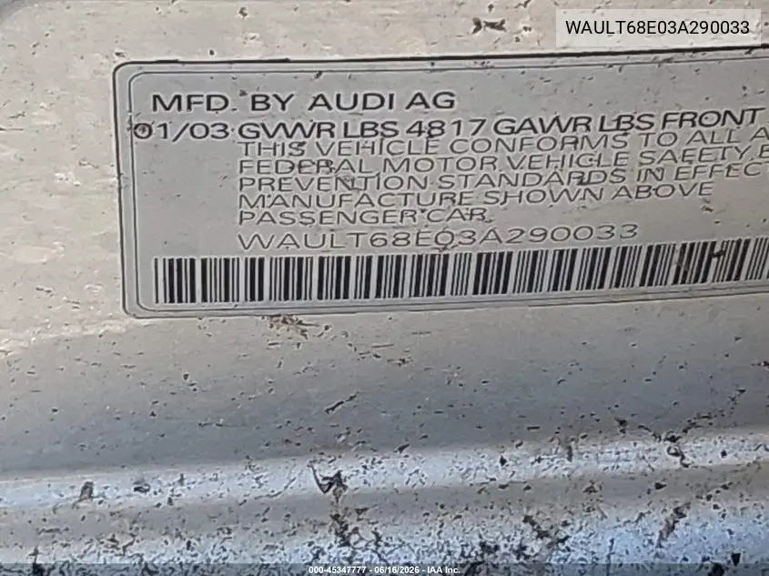 2003 Audi A4 3.0 VIN: WAULT68E03A290033 Lot: 45347777