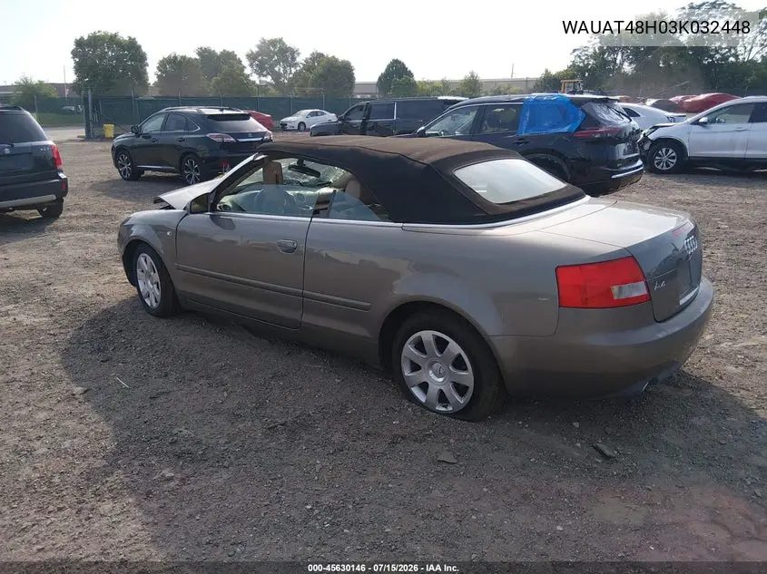 2003 Audi A4 3.0 VIN: WAUAT48H03K032448 Lot: 45630146