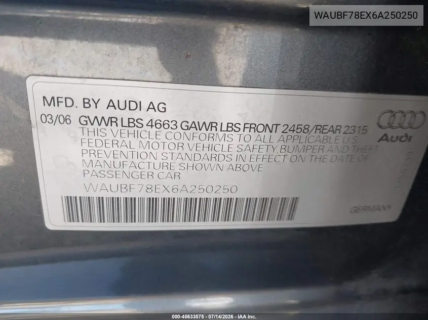 2006 Audi A4 2.0T VIN: WAUBF78EX6A250250 Lot: 45633575