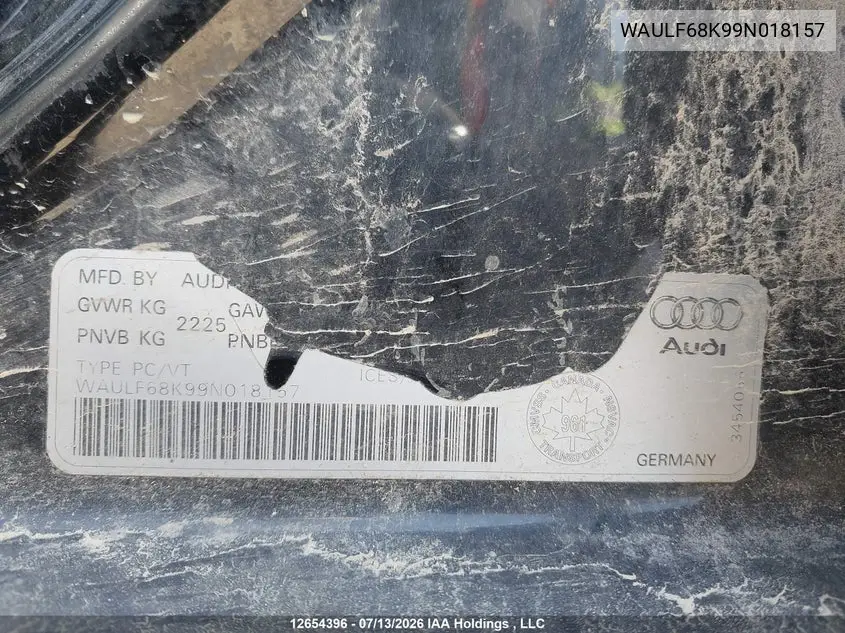 2009 Audi A4 2.0T Quattro VIN: WAULF68K99N018157 Lot: 12654396