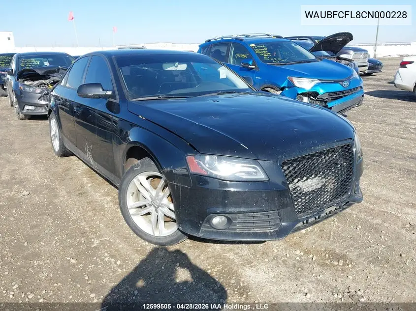 2012 Audi A4 2.0T VIN: WAUBFCFL8CN000228 Lot: 12599505