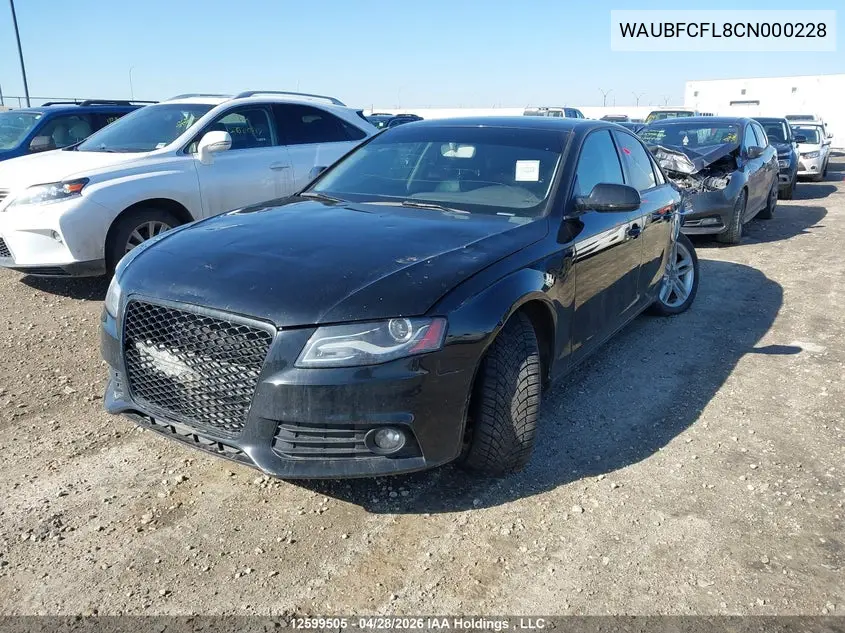 2012 Audi A4 2.0T VIN: WAUBFCFL8CN000228 Lot: 12599505