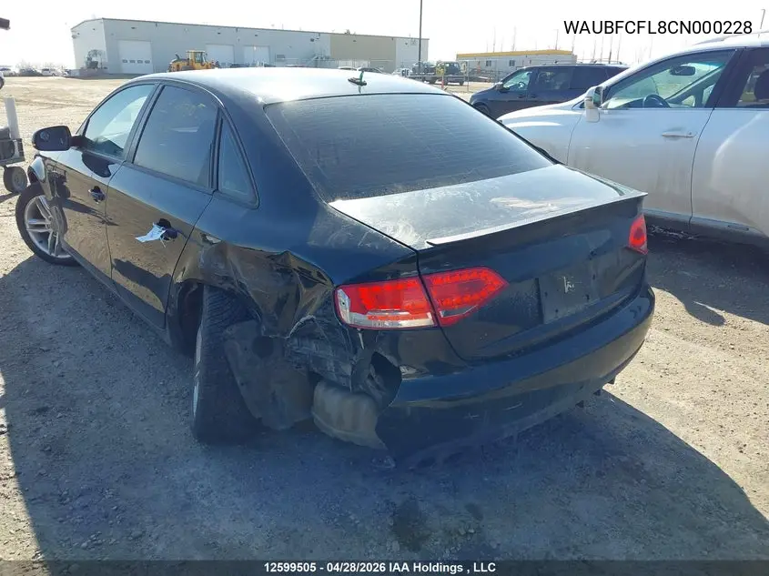2012 Audi A4 2.0T VIN: WAUBFCFL8CN000228 Lot: 12599505