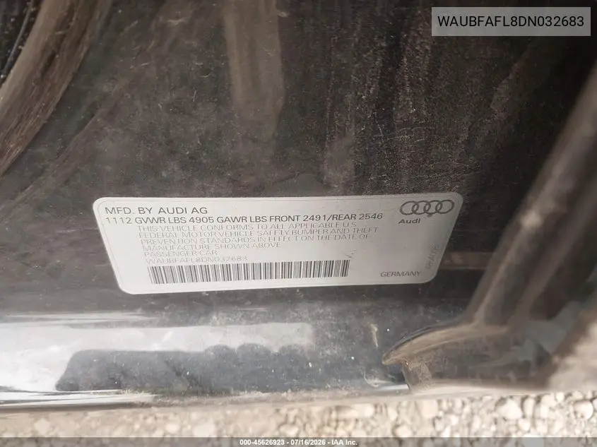 2013 Audi A4 2.0T Premium VIN: WAUBFAFL8DN032683 Lot: 45626923