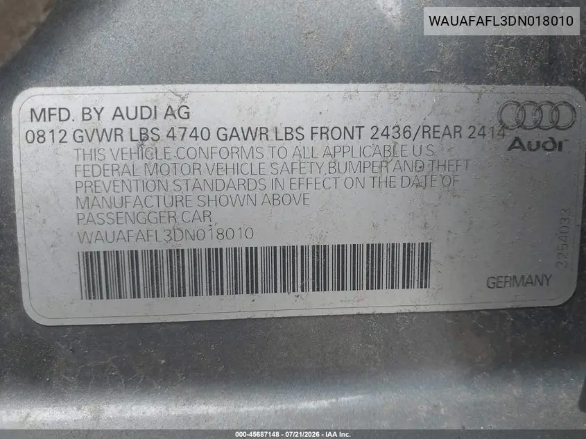 2013 Audi A4 2.0T Premium VIN: WAUAFAFL3DN018010 Lot: 45687148
