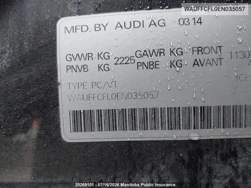 2014 Audi A4 2.0T Quattro VIN: WAUFFCFL0EN035057 Lot: 20269101