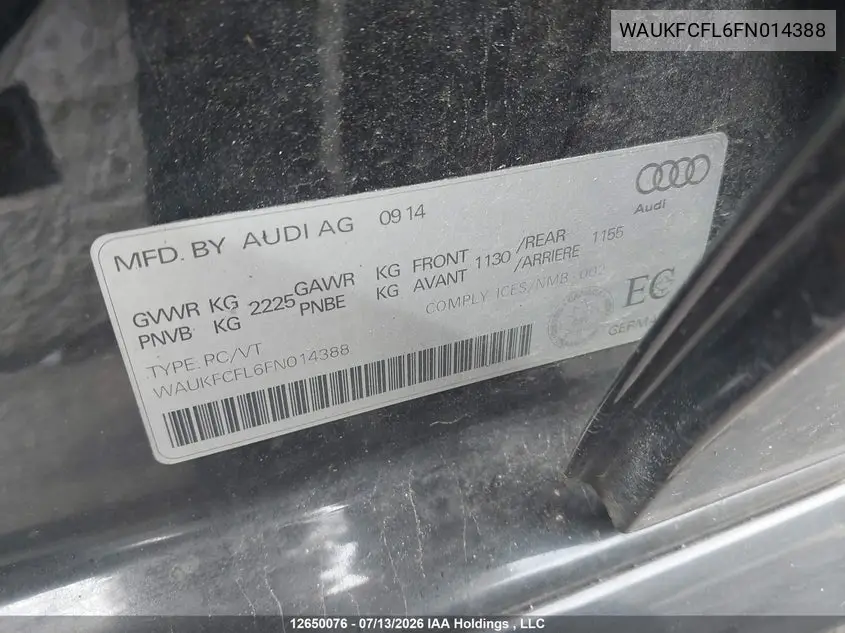 2015 Audi A4 2.0T Technik Plus VIN: WAUKFCFL6FN014388 Lot: 12650076