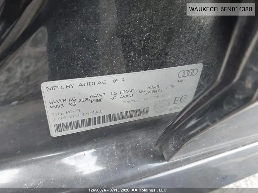 2015 Audi A4 2.0T Technik Plus VIN: WAUKFCFL6FN014388 Lot: 12650076