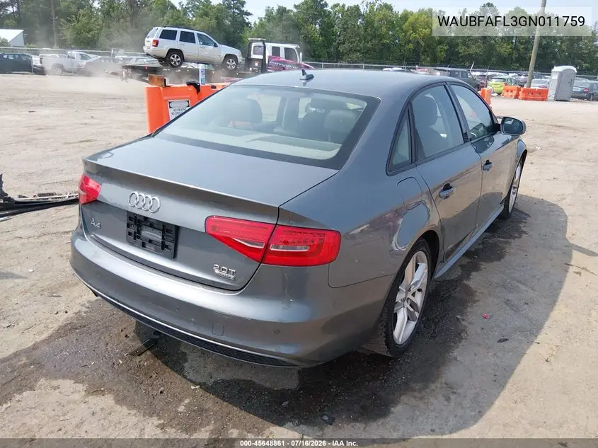 2016 Audi A4 Premium VIN: WAUBFAFL3GN011759 Lot: 45648861