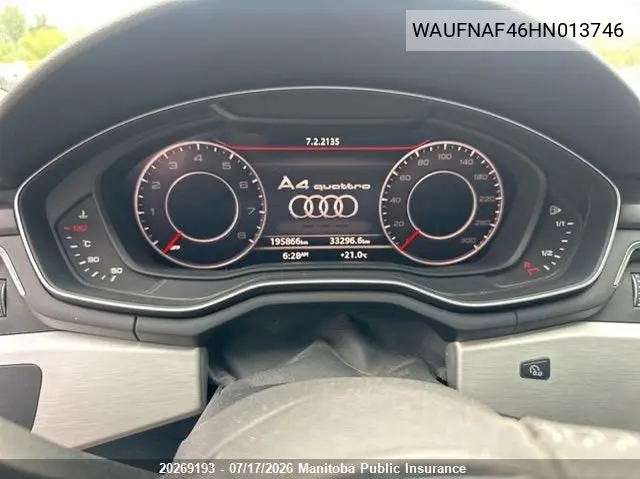 2017 Audi A4 2.0T Quattro VIN: WAUFNAF46HN013746 Lot: 20269193