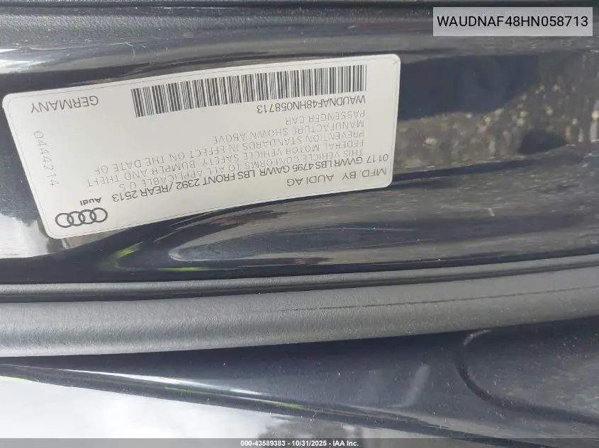WAUDNAF48HN058713 2017 Audi A4 2.0T Season Of Audi Premium