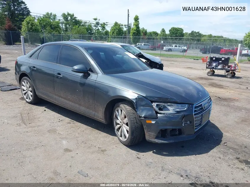 2017 Audi A4 Premium VIN: WAUANAF43HN001628 Lot: 45393379