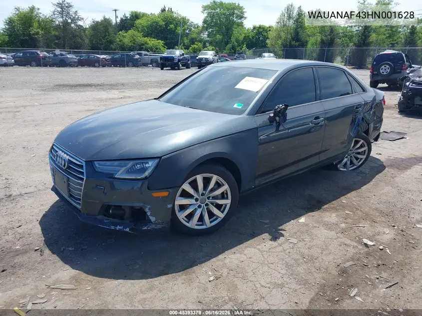 2017 Audi A4 Premium VIN: WAUANAF43HN001628 Lot: 45393379