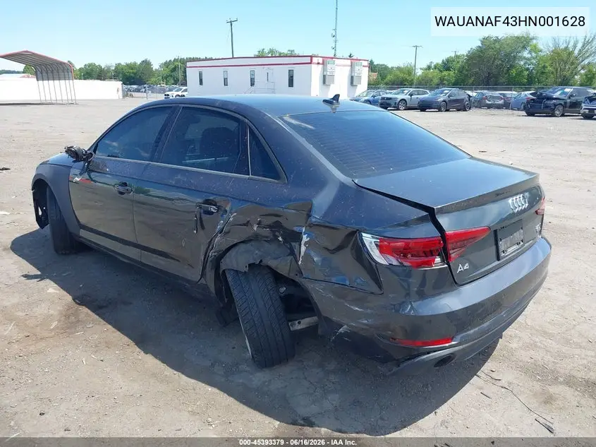2017 Audi A4 Premium VIN: WAUANAF43HN001628 Lot: 45393379