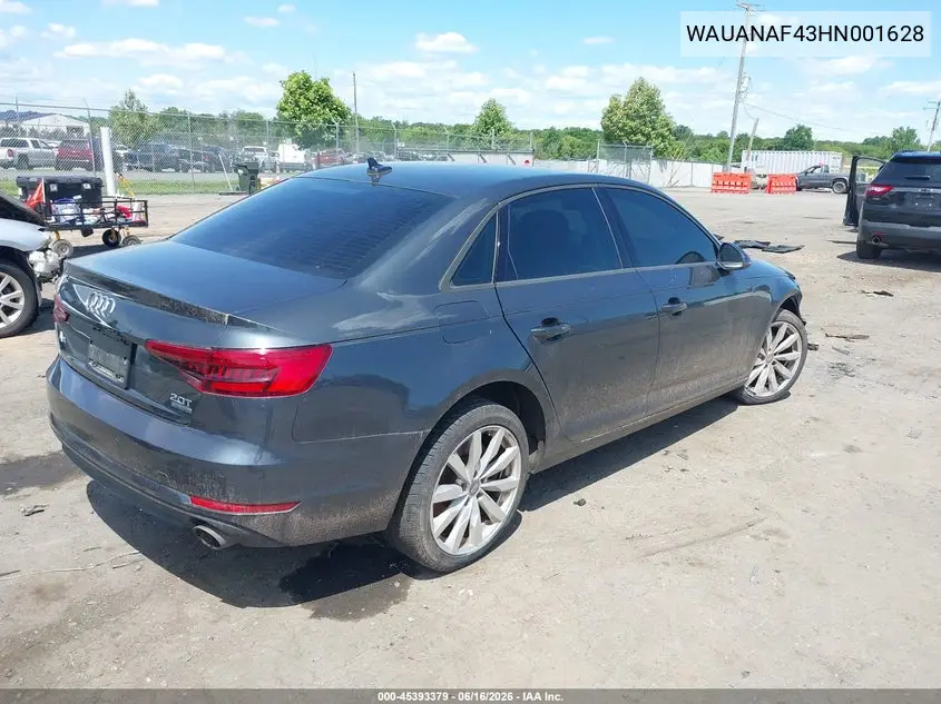 2017 Audi A4 Premium VIN: WAUANAF43HN001628 Lot: 45393379
