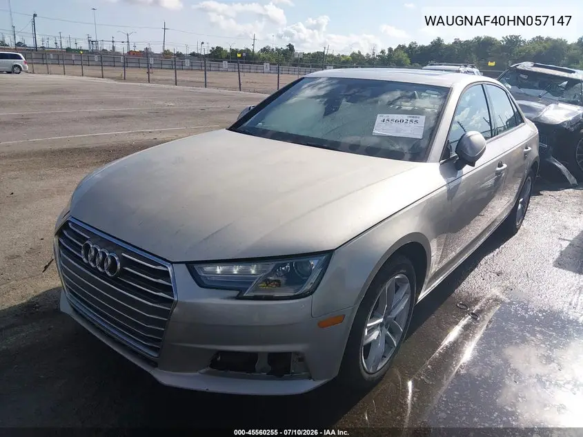 2017 Audi A4 Premium VIN: WAUGNAF40HN057147 Lot: 45560255