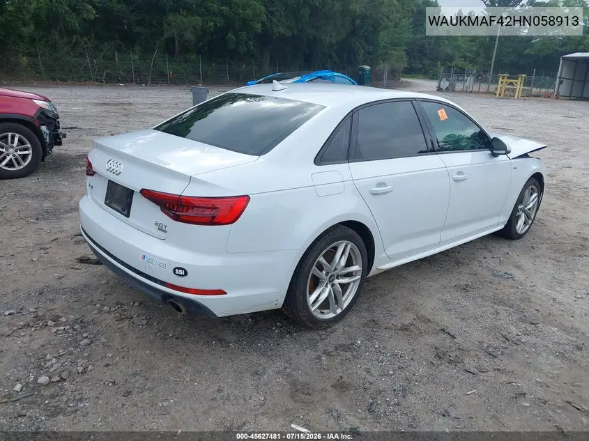 2017 Audi A4 Season Of Audi Ultra Premium VIN: WAUKMAF42HN058913 Lot: 45627481