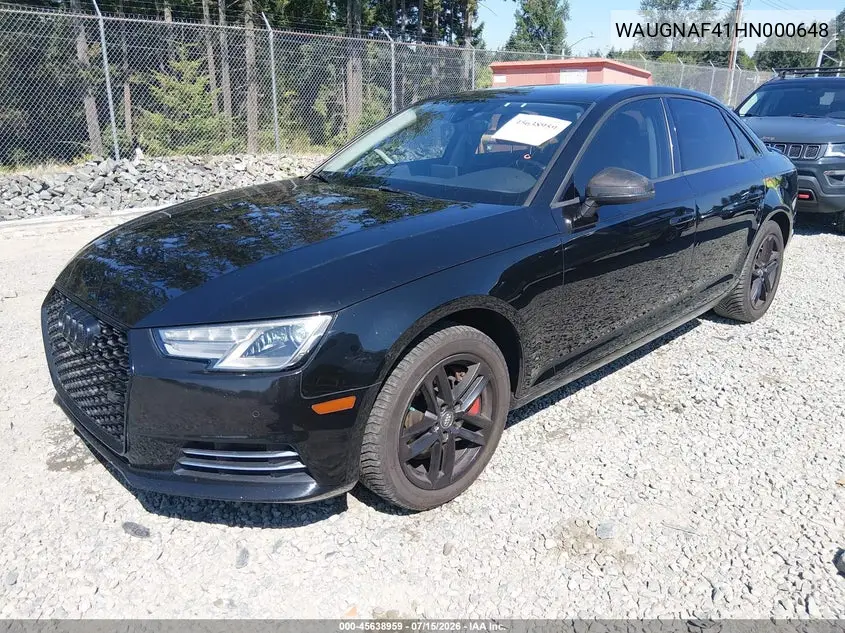 2017 Audi A4 Premium VIN: WAUGNAF41HN000648 Lot: 45638959
