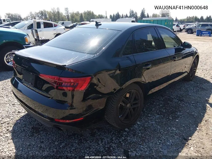 2017 Audi A4 Premium VIN: WAUGNAF41HN000648 Lot: 45638959