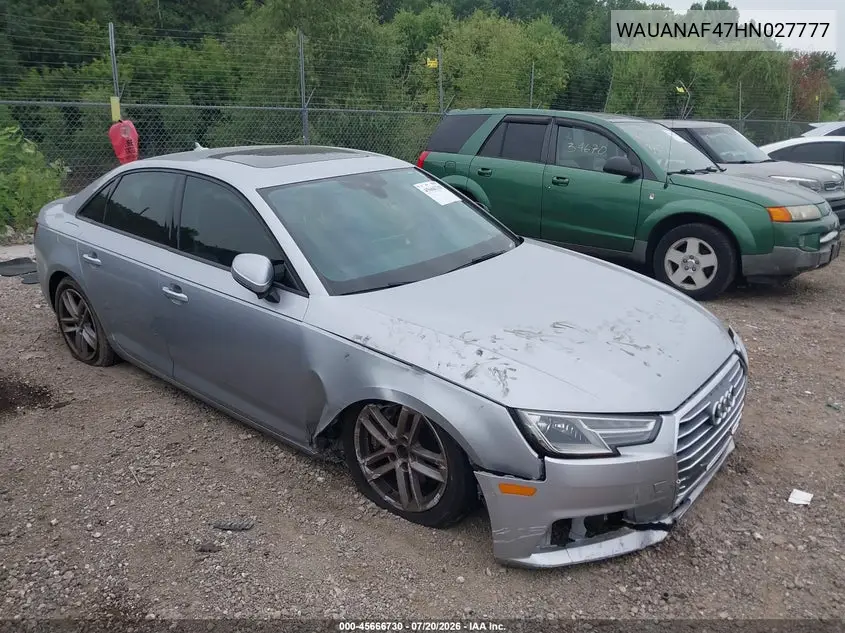 2017 Audi A4 Premium VIN: WAUANAF47HN027777 Lot: 45666730